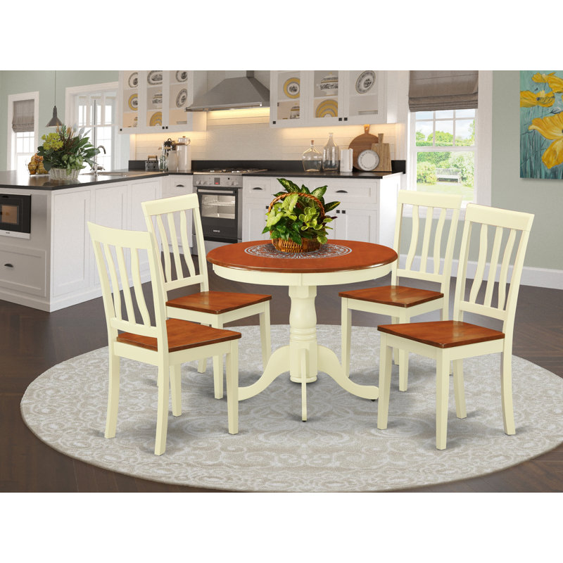L'ensemble 5 pièces de table et chaises de cuisine comprend une table de salle à manger ronde avec Dropleaf et 4 chaises en bois massif, babeurre 42 po x 42 po