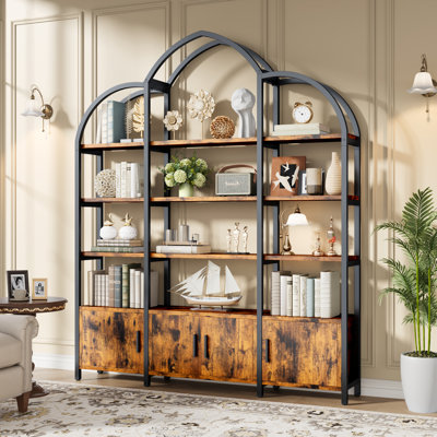 Triple Wide 5 Tier Tall Arched Bookshelf And Bookcase With 3 Cabinets, Industrial Metal Etagere Open Bookshelf, Rustic Wood Standing Book Shelf With M