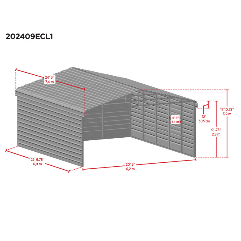 Abri d'auto en acier avec 3 ensembles muraux, 20X24X09, Blanc