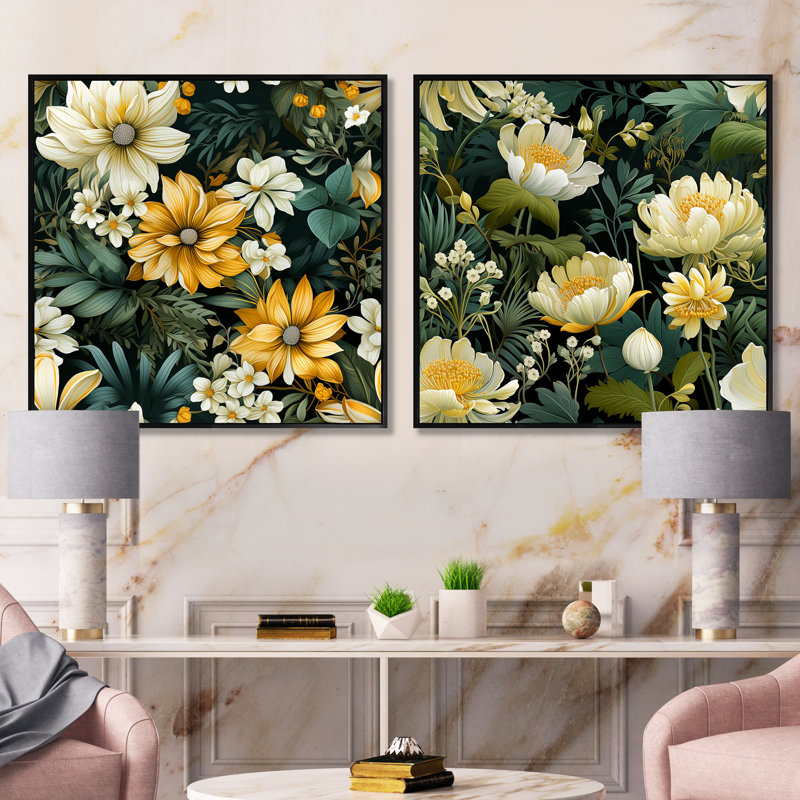 Veltri - Ensemble de 2 collages floraux carrés, H 36 po x l 73 po, Cadre flottant noir