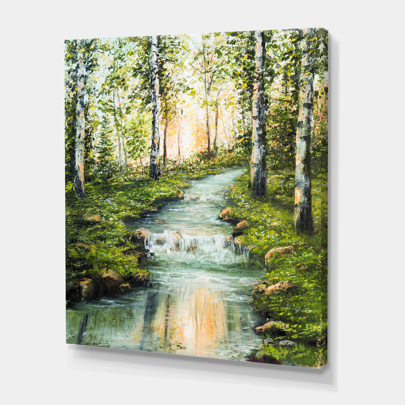 Rivière à travers forêt de bouleaux - reproduction d'art sur toile tendue, H 40 po x l 30 po x 1,5 po