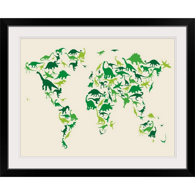 Francy «World Map Dinosaurs» par Abarca, impression, H 26 po x l 32 po x P 1 po, Cadre noir