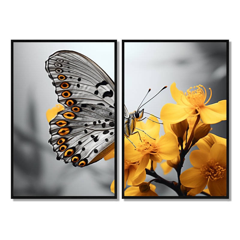 «Yellow Grey Butterfly Haven II», reproductions d'art moderne sur toile, 36" H x 48" W, Impression encadrée flottante, Black