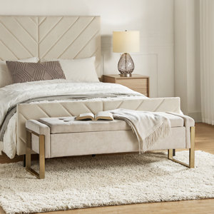 Shanieka Mid-Century Modern Upholstered Flip Top Storage Bench with Button-Tufted Seat and Metal Foot Beige 