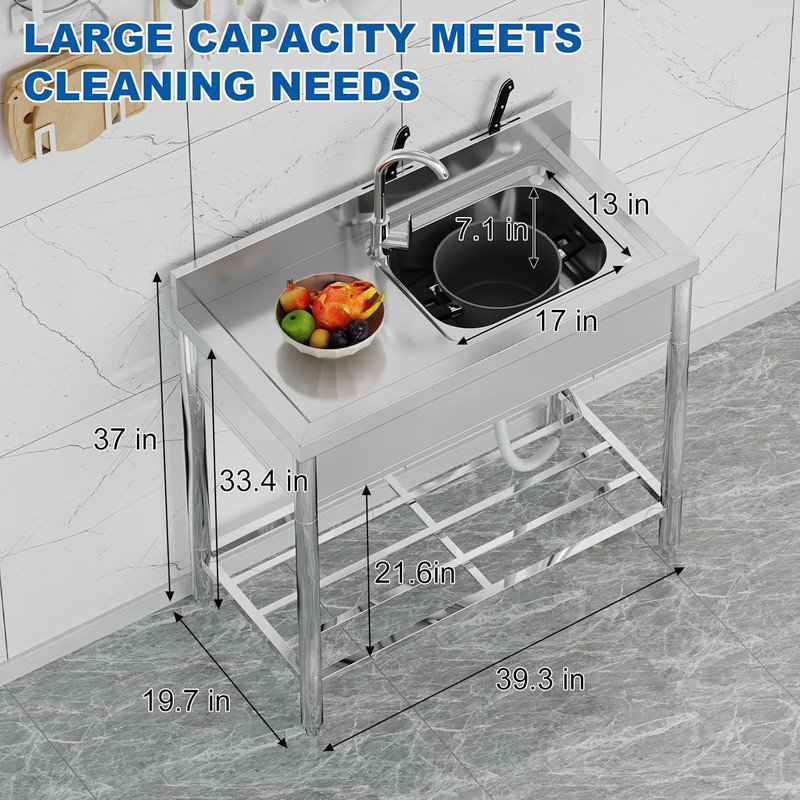 Évier de cuisine autoportant 39 po / 47 po avec robinet à 360 ° et support de rangement, évier utilitaire en acier inoxydable
