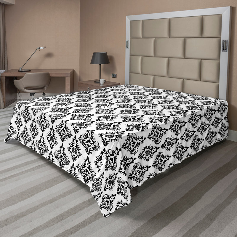 Ambesonne Top Flat Sheet Curving Art, Full Flat Sheet, Black White Damask