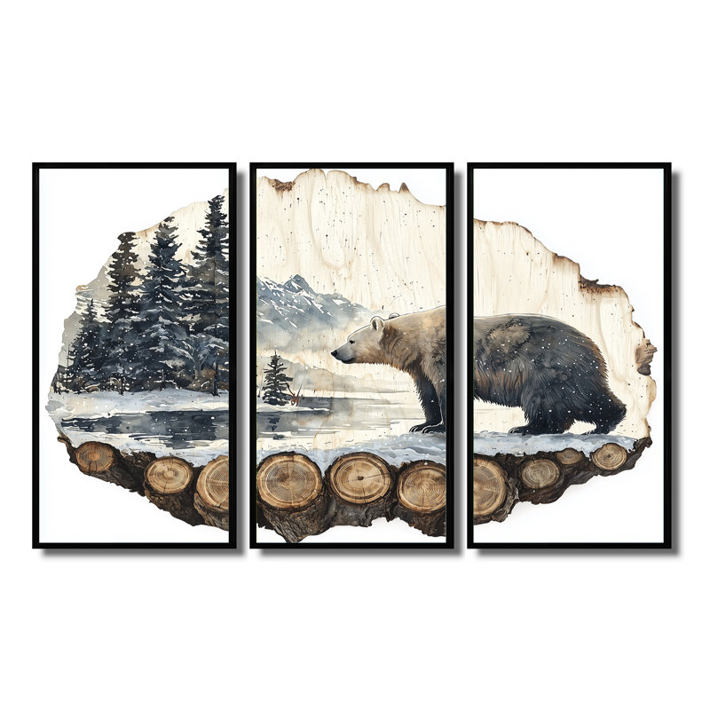 Ours polaire dans le paysage sauvage III - art mural ours - 3 panneaux, H 28 po x l 36 po, Noir