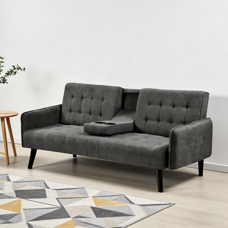 72" Futons Upholstered Convertible Sofa Bed With Cup Holders And Adjustable Backrest, Dark Gray Linen, Black
