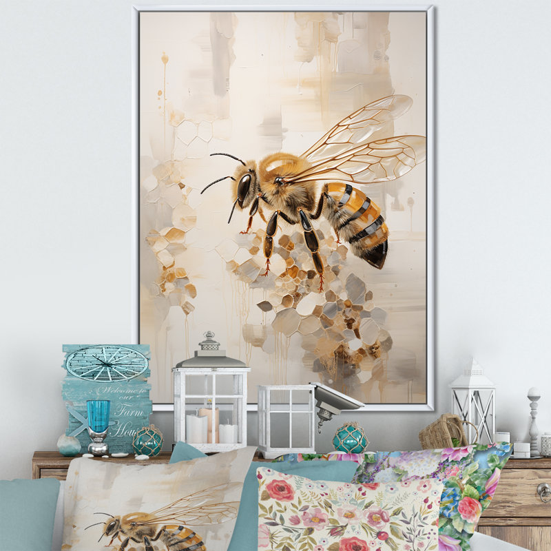 Minimalisme buzzing abeille sur toile, Cadre flottant blanc, H 32 po x l 16 po x P 1 po