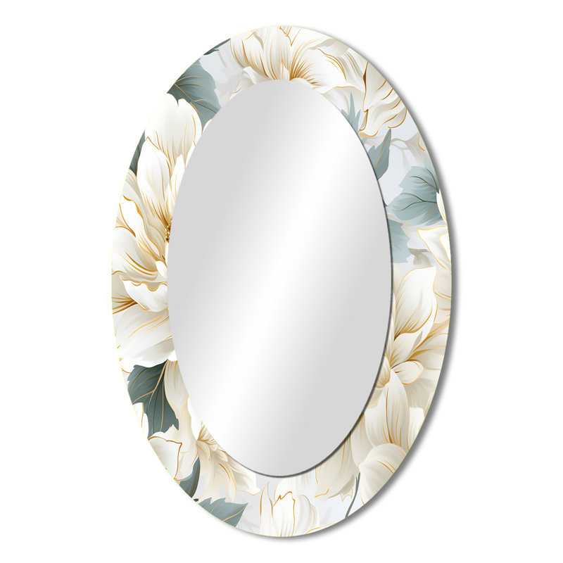 White Mandalas Chrysanthemum Boho Pattern - White Traditional Oval Wall Mirror, 36" H x 24" W