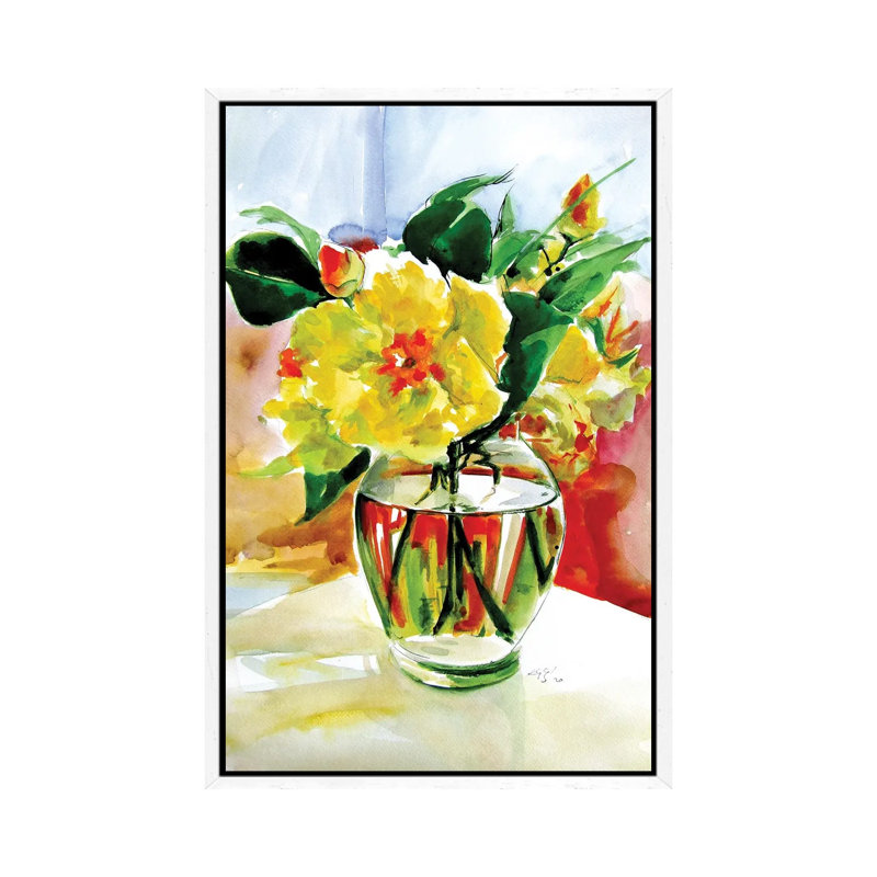 Still Life With Yellow Flowers by Anna Brigitta Kovacs - Painting on Canvas, 66.04cm H x 45.72cm W x 3.81cm D, White Framed