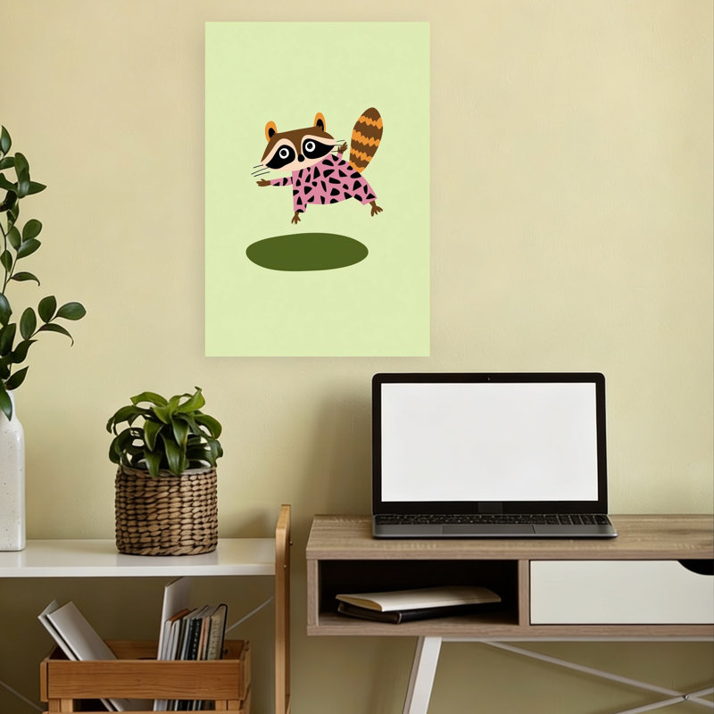 Playful Raccoon Jump Abstract Contemporary Forest Landscape Wall Art Print by Mathieu - Wrapped Canvas Print