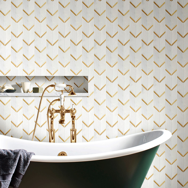 Natural Bianco 1" x 2" Herringbone / Chevron Mosaic Wall Tile, White/Gold