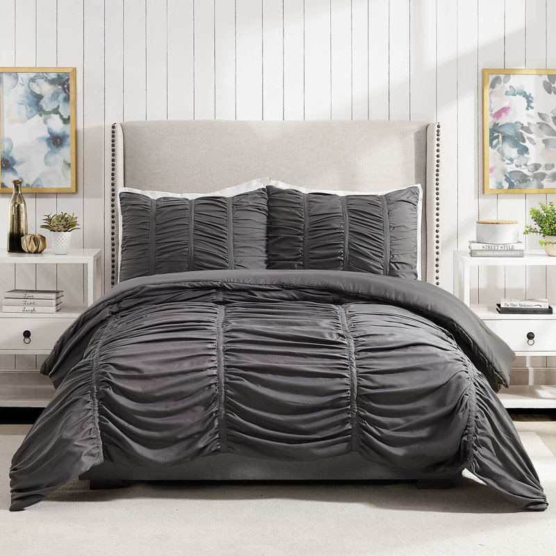 Emily Ruched Solid Textured Comforter Set, Dark Gray, Twin/Twin XL Comforter + 1 Standard Sham