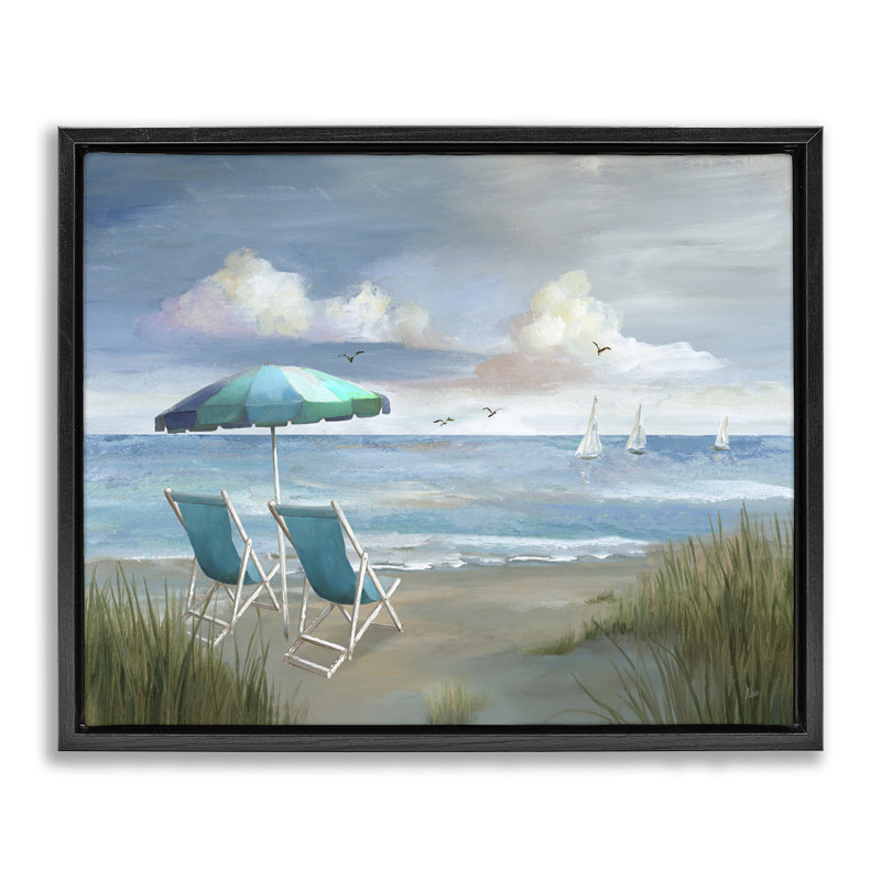 "Seagulls over Calm Beach", art mural encadré flottant doré par Nan, Cadre flottant noir de jais, H 17 po x l 21 po