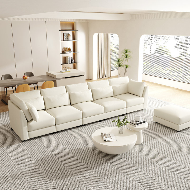 Ensemble de canapé modulaire en lin blanc: canapé modulaire 3 pièces avec repose-pieds de rangement - structure en bois d'hévéa massif, sans assemblage