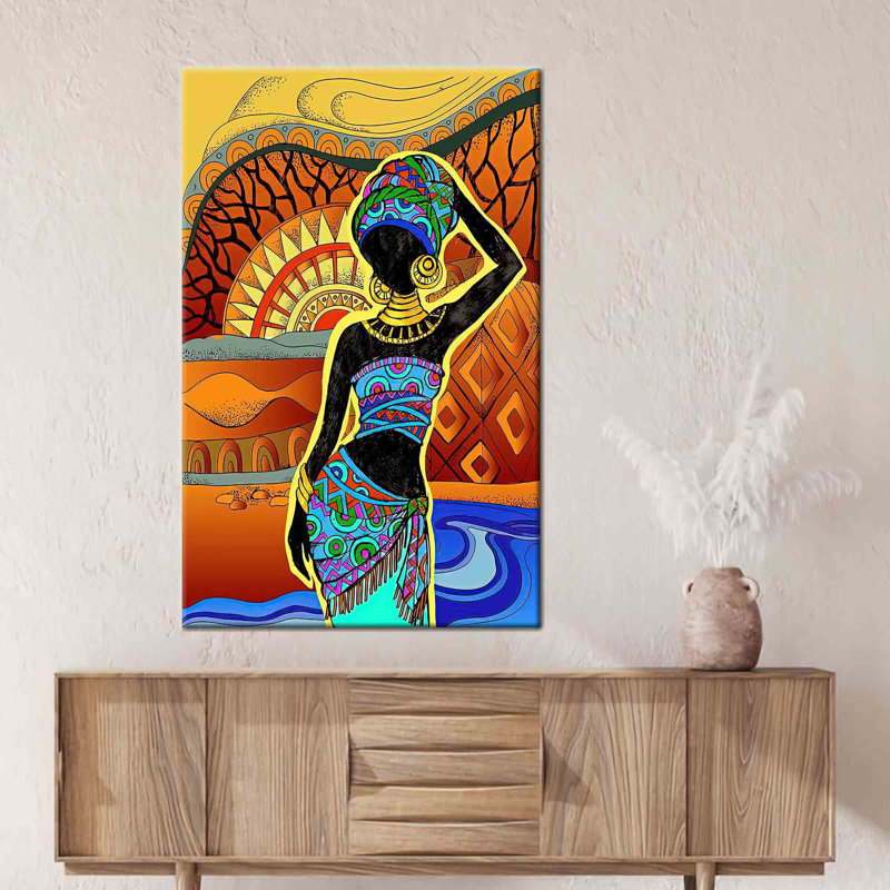 Art contemporain contemporain sur toile de coton avec une femme africaine pour une décoration murale moderne, Toile tendue