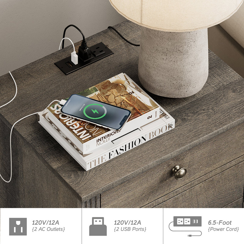 Annejet 2 - Drawer End Table Set and Built-In Outlets, Grayish Brown