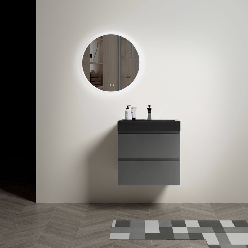 Meuble-lavabo de salle de bain avec lavabo, grand meuble-lavabo flottant mural, Noir, Gris