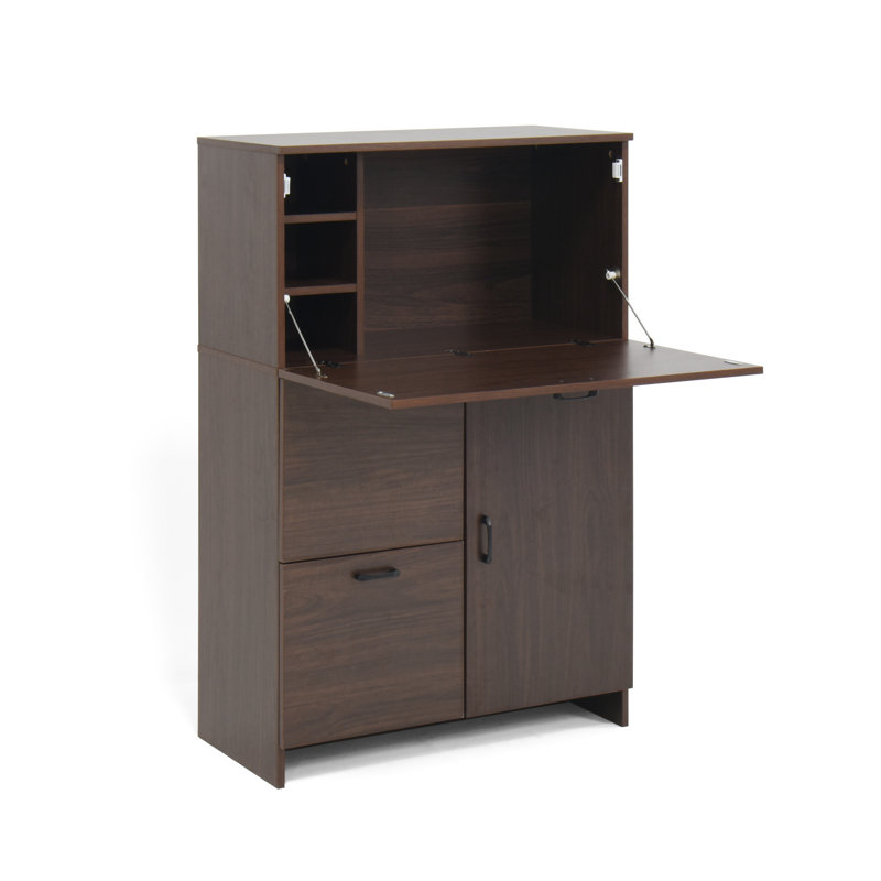 Desk Cabinet For Home Office Efficiency - With Storage Walnut Particle Board Small Spaces Drawer And Shelves Dorm Use Color