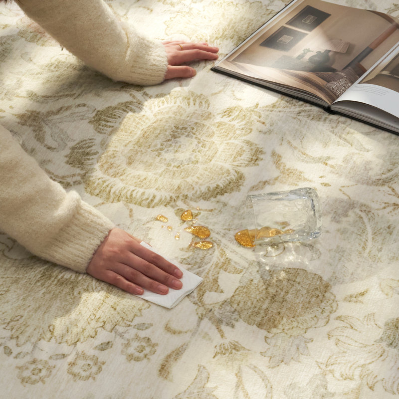 Tapis floral antidérapant doux et lavable pour salon, chambre à coucher en champagne antique, Beige/Ivoire/Crème