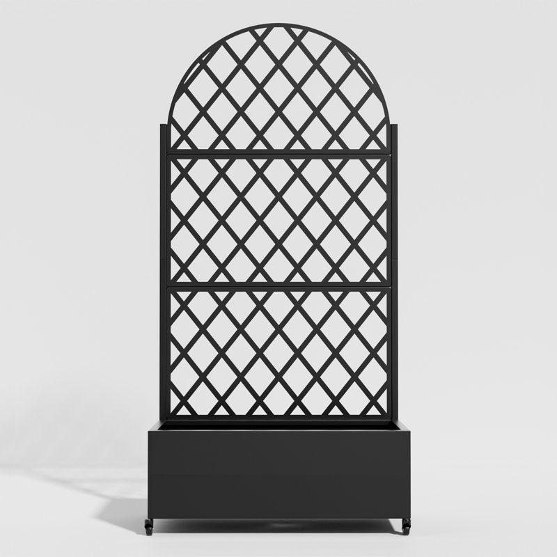 Boîte à fleurs individuelle en cèdre rectangulaire avec treillis et roues, Noir