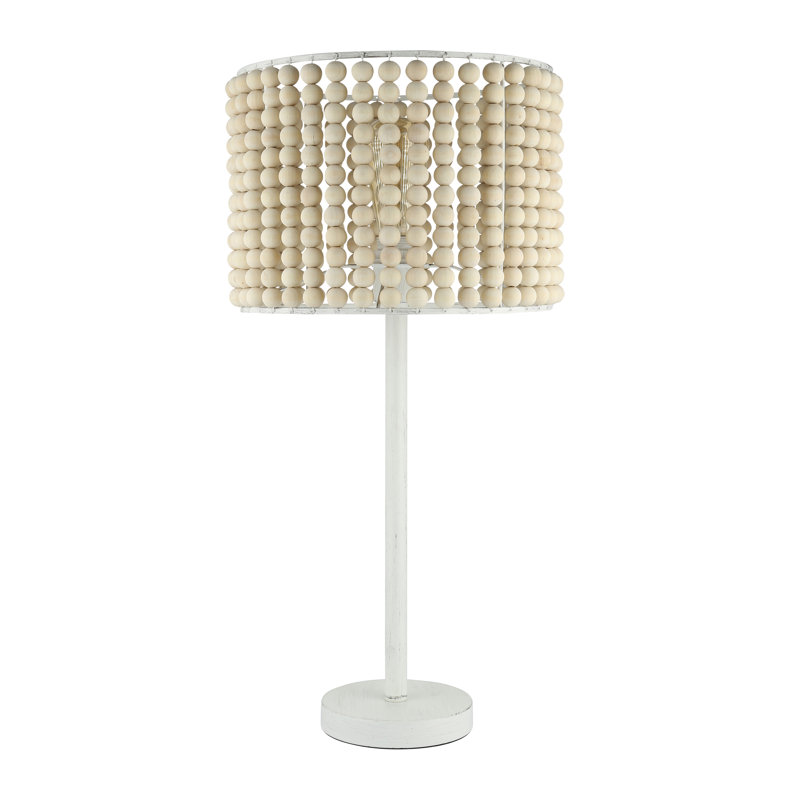 Aime 25.25"H Metal and Wood Beaded Table Lamp, White, Tan