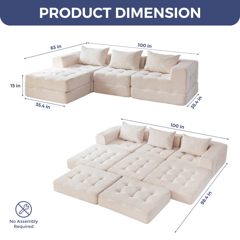 Modular Sectional Sofa Couch Foldable L-shaped Folding Sofa Bed Compression Sofa, Beige