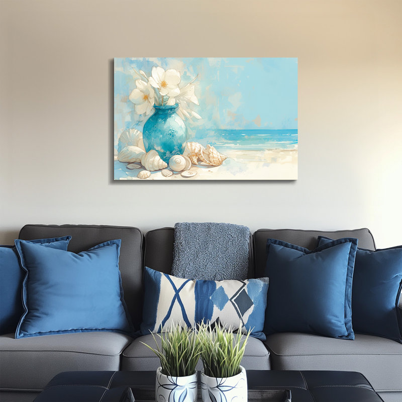 Douce scène côtière aquarelle avec vase turquoise et coquillages - décoration murale sur toile tendue, 24" H x 36" W