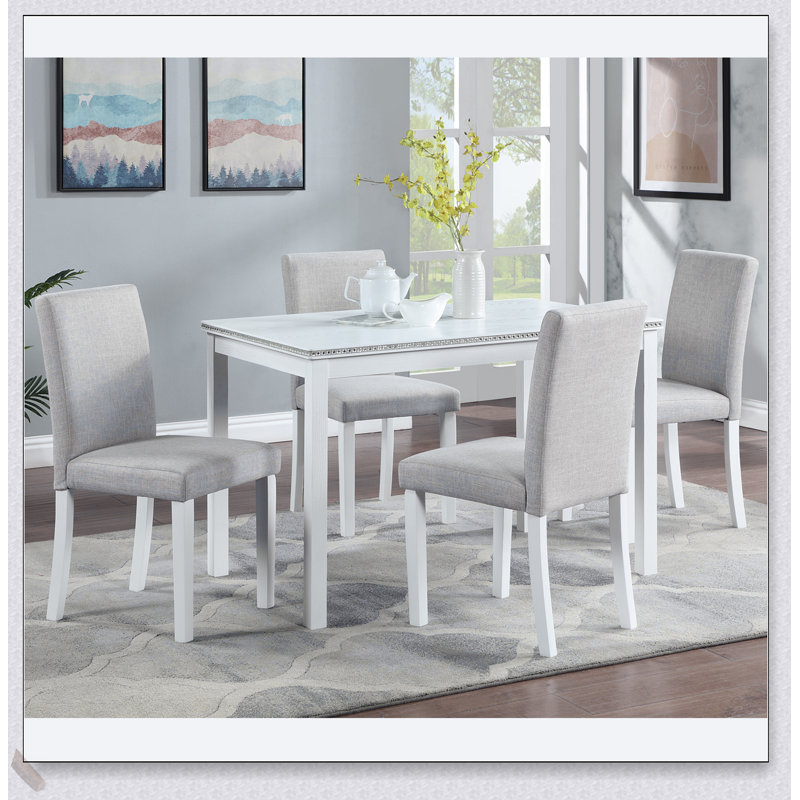 Élégante table de salle à manger en bois 5 pièces avec table rectangulaire et 4 chaises rembourrées, décor en cristal pour décors modernes et classiques