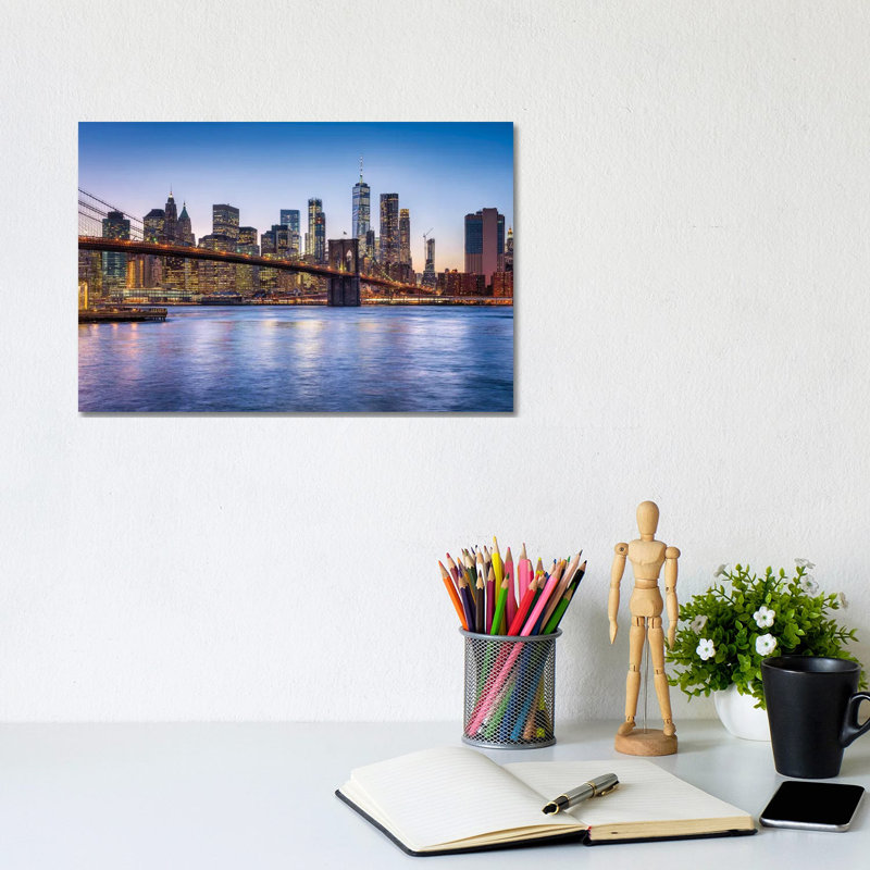 Brooklyn Bridge And Manhattan Skyline At Dusk by Jan Becke - Wrapped Canvas Print, 20.32 cm H x 30.48 cm W
