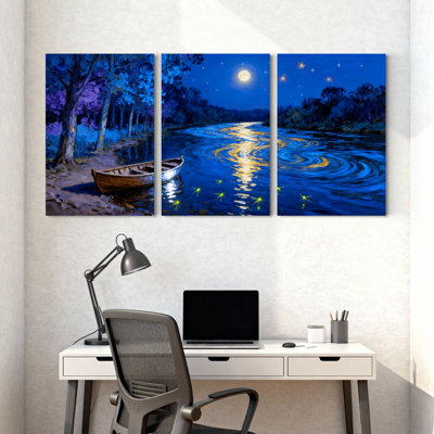 Abstrait au clair de lune, bateau de nuit, paysage, étoiles scintillantes, ensemble de 3 impressions sur toile