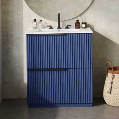 Meuble-lavabo autoportant avec lavabo en céramique et tiroirs pleine extension, glissières de tiroir à fermeture en douceur et conception cannelée pour une expérience de salle de bain améliorée