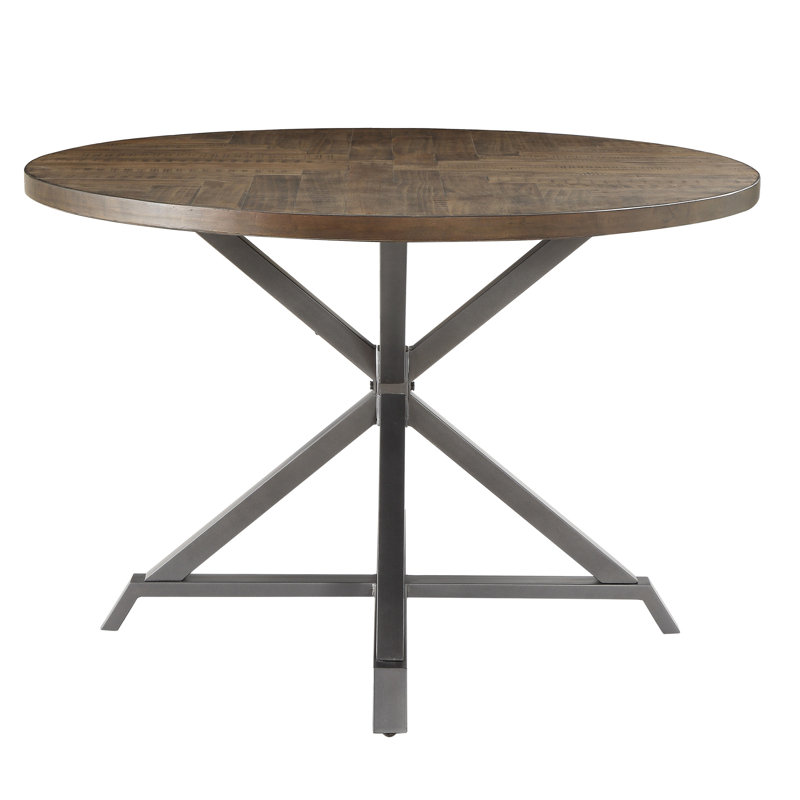 Table de salle à manger rustique industrielle, 4 places, brun gris, métal et bois, chevron rond 4 et avec