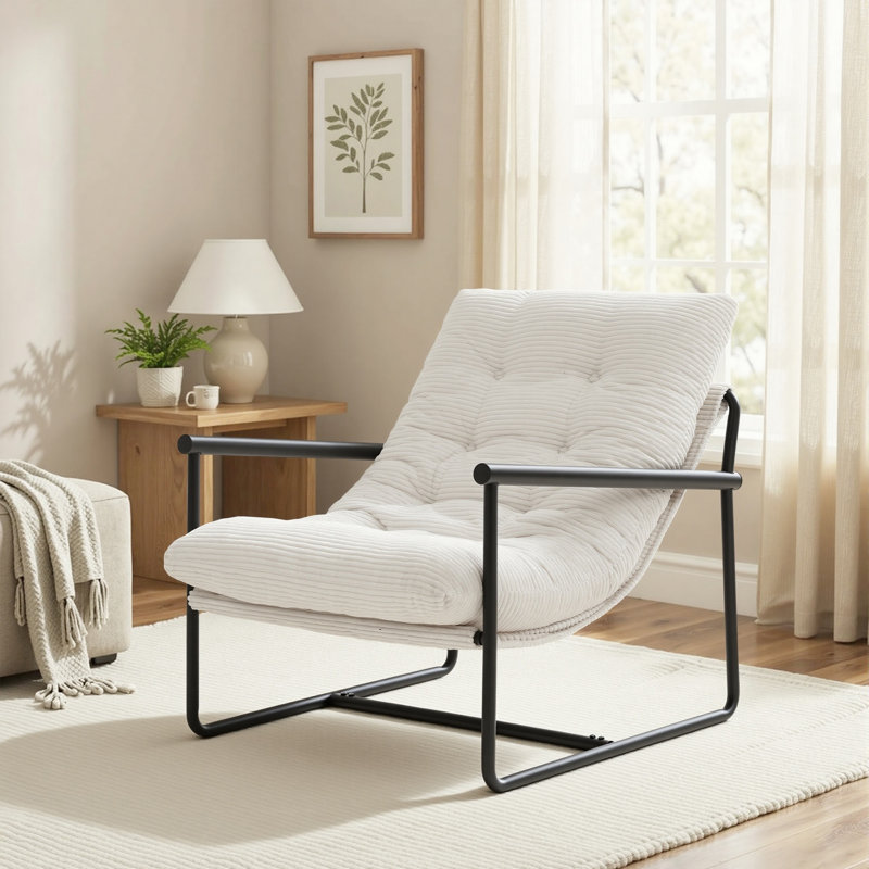 Modern Corduroy Upholstered Accent Chair With Metal Frame, White