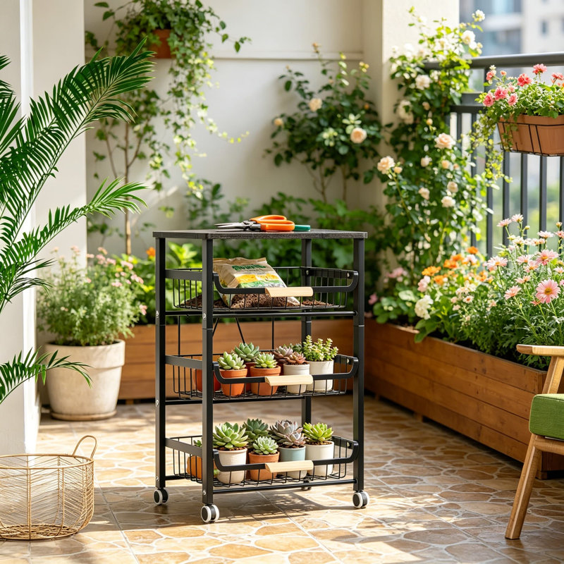 Panier de fruits et légumes pour la cuisine, organisateurs de garde-manger à 4 niveaux et rangement, organisateur de collations pour comptoir, étagère de rangement en fil métallique avec paniers coulissants et plateau de table en bois