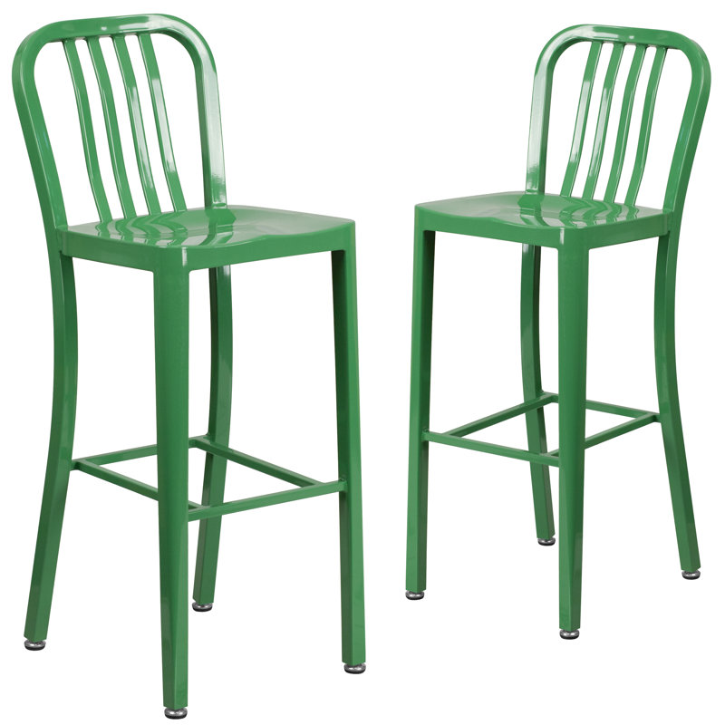 Commercial Grade Metal Indoor-Outdoor Stool with Vertical Slat Back, Green, Bar Stool (76cm Seat Height)