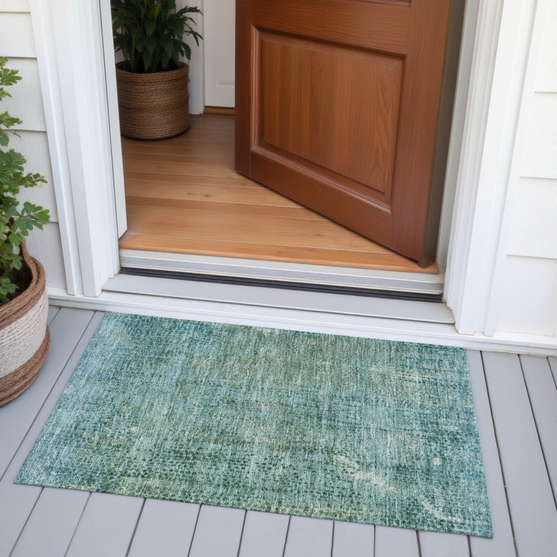 Tapis bleu sarcelle lavable à la machine intérieur / extérieur Xhevrie, Rectangle 1 pi 8 po x 2 pi 6 po