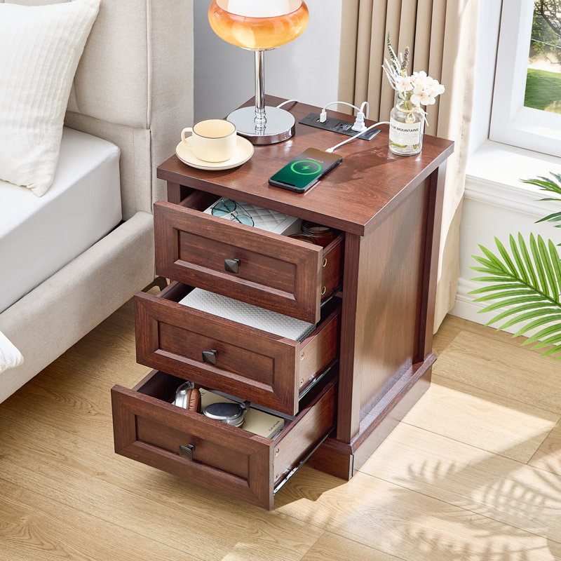 Farmhouse 3 Drawer Dresser for Bedroom,Wood Storage Cabinet Side Table for Living Room, Cherry