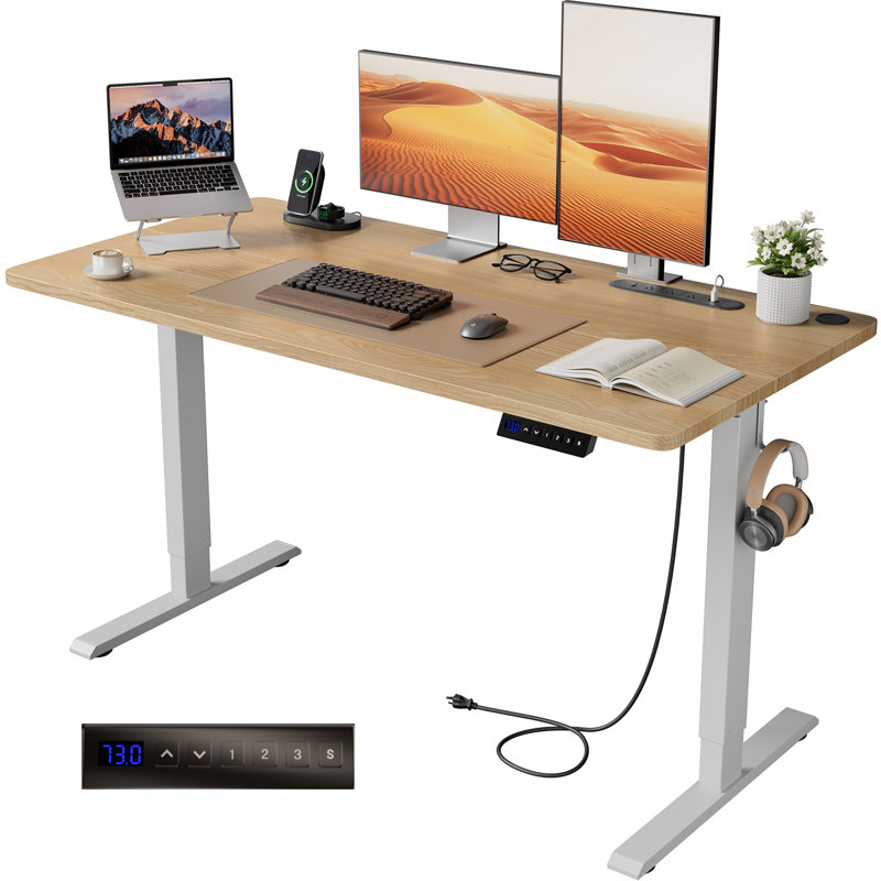 Bureau pour travailler debout électrique réglable en hauteur avec prises de courant intégrées, ports de charge USB et contrôle de la mémoire, bureau de bureau moderne avec finition grain de bois