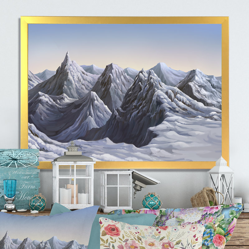 «White Winter Snow Mountain», peinture sur toile, H 30 po x l 40 po x P 1,5 po, Cadre doré à coins fermés