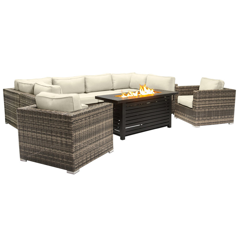 Ensemble de conversation modulaire 9 pièces avec foyer en métal et coussins Sunbrella Lsi, Canevas