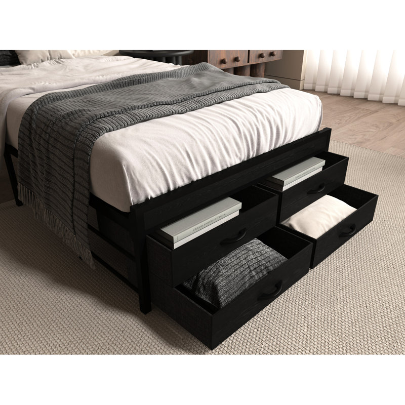 Lit simple avec rangement et métal stable - 16 choix de DEL avec cadre noir