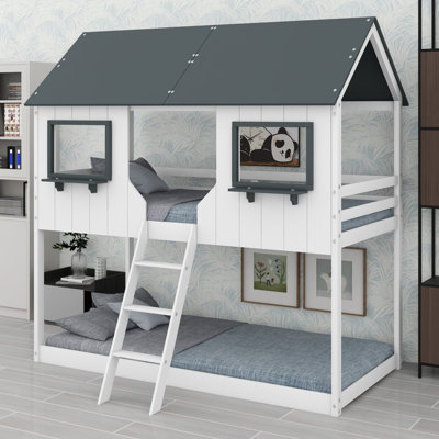 Lit superposé avec toit de cabane, fenêtre et barrières de sécurité pour chambres partagées