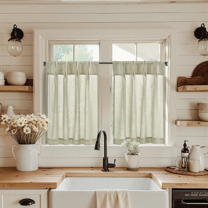 Linen Pinch Pleated Kitchen Curtains Tier Curtains Light Filtering Small Window Drapes for Kitchen, 26" W x 24" L, Oat