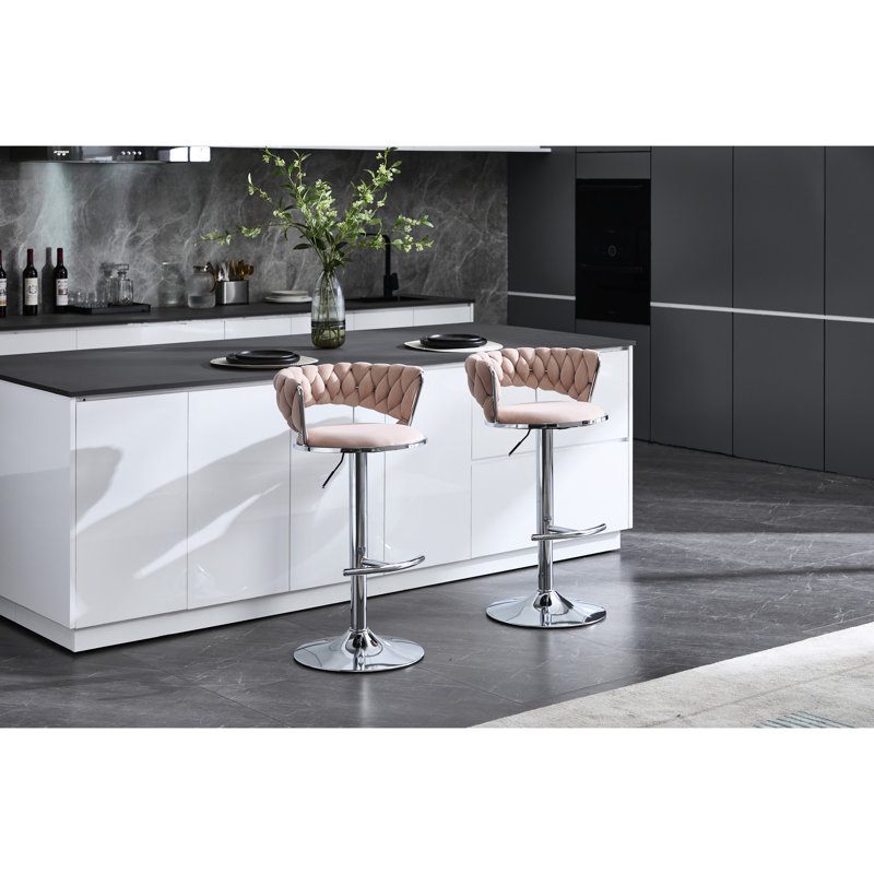 Tabourets de bar roses de 2, réglables en hauteur avec poignée relevable, base, revêtement en velours, coussin rembourré en mousse, structure en métal stable, méthode d'installation facile, capacité de poids de 300 lb, fabrication