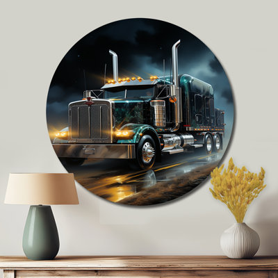 Semi Truck Midnight Cruiser - Transportation Round Metal Art