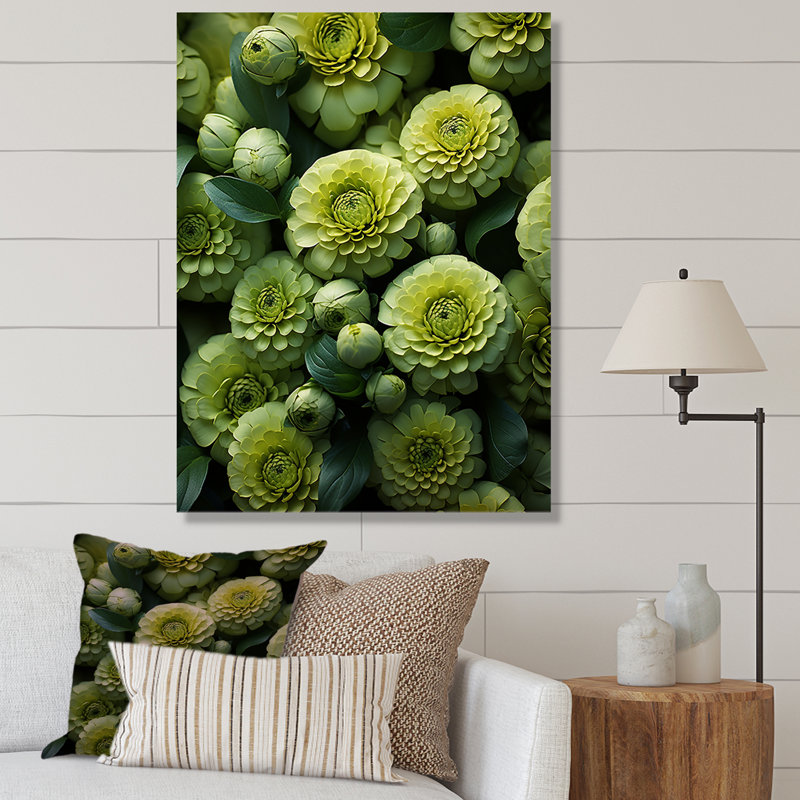 «Twilight Green Zinnias Flowers» sur toile, Toile tendue, 40" H x 30" W