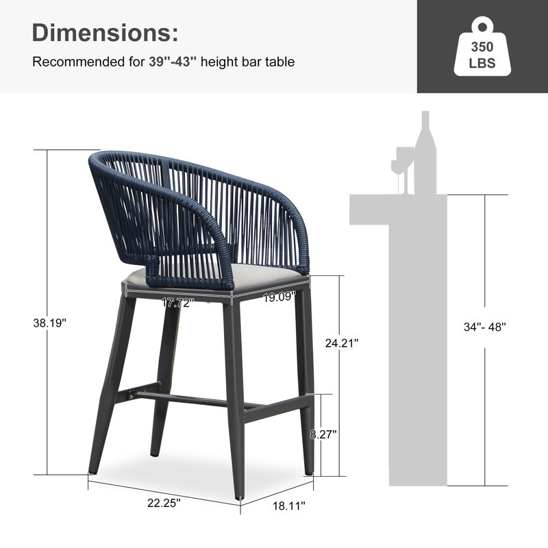 Chaise haute de bar moderne en osier avec coussins intégrés et dossier enveloppant 2 pièces, Gris, Gris