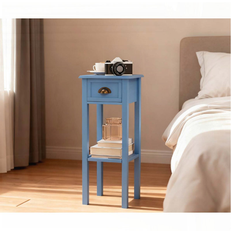 Table d'appoint à 2 niveaux avec tiroir et tablette, Bleu, 1
